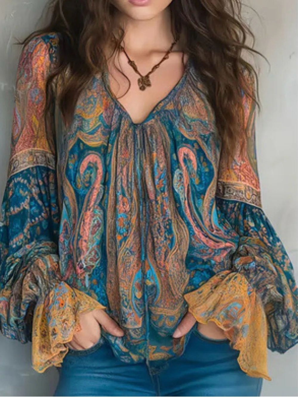 Beautiful paisley print silky boho blouse with lace and ruffle sleeves NEW